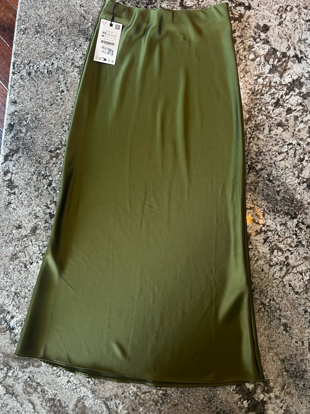 Zara Olive Satin Midi Skirt | XS | New With Tags | Elegant Slip Skirt